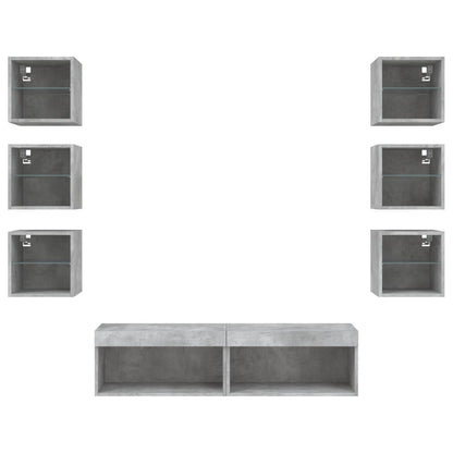 8-Delige Tv-Wandmeubelset Met Led Bewerkt Hout Betongrijs