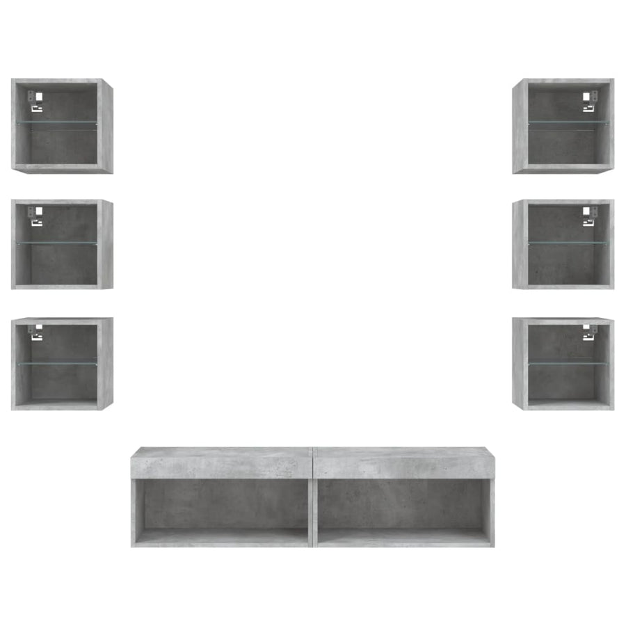 8-Delige Tv-Wandmeubelset Met Led Bewerkt Hout Betongrijs