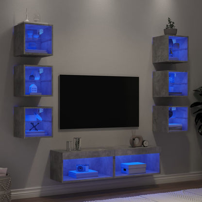 8-Delige Tv-Wandmeubelset Met Led Bewerkt Hout Betongrijs