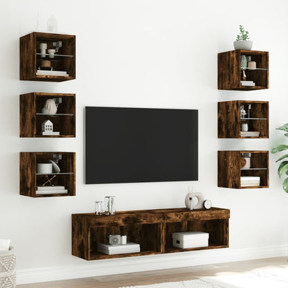 8-delige tv-wandmeubelset met LED bewerkt hout gerookt eiken