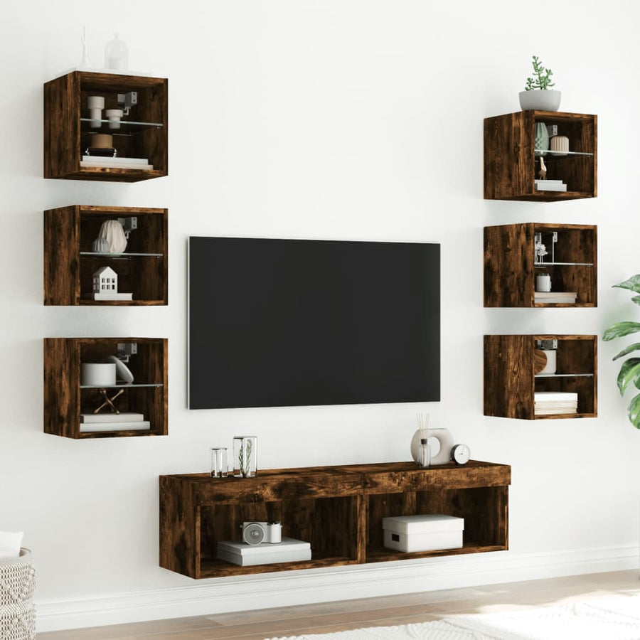8-delige tv-wandmeubelset met LED bewerkt hout gerookt eiken