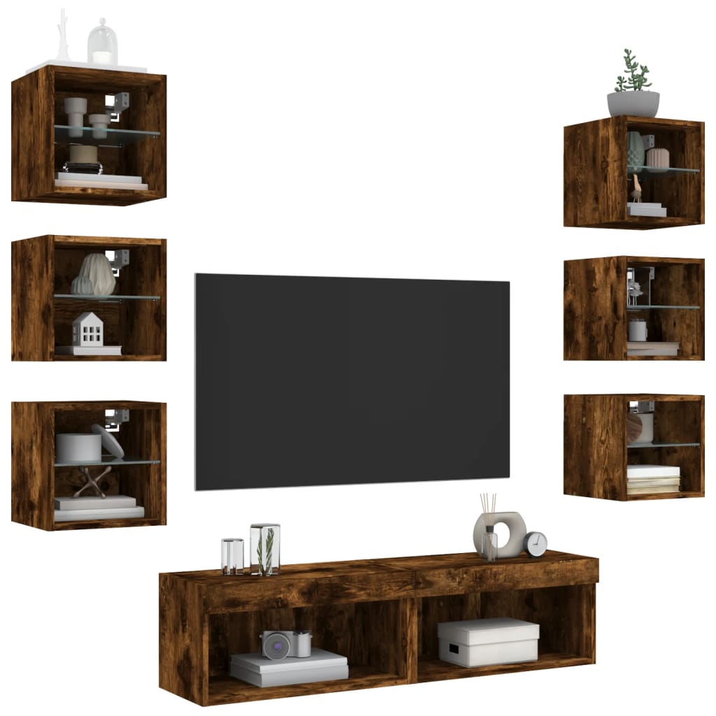 8-delige tv-wandmeubelset met LED bewerkt hout gerookt eiken