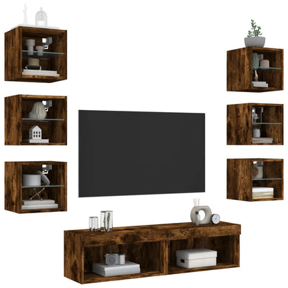 8-delige tv-wandmeubelset met LED bewerkt hout gerookt eiken