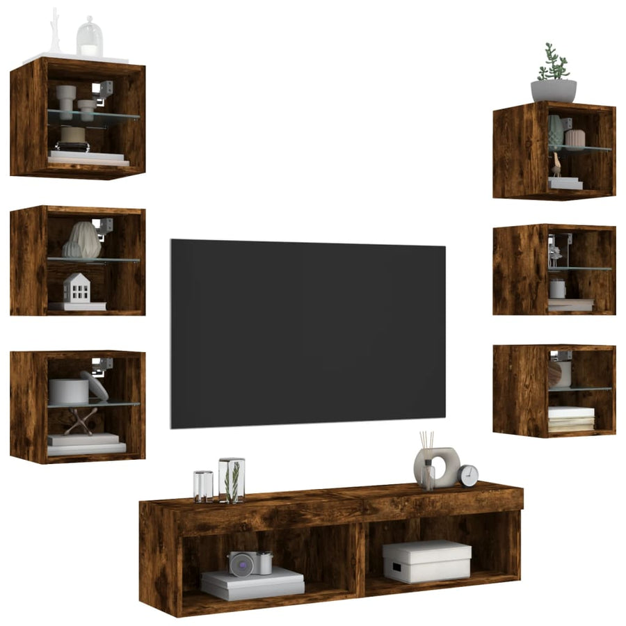 8-delige tv-wandmeubelset met LED bewerkt hout gerookt eiken