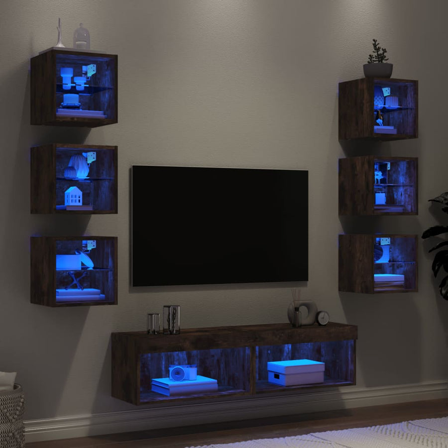 8-delige tv-wandmeubelset met LED bewerkt hout gerookt eiken