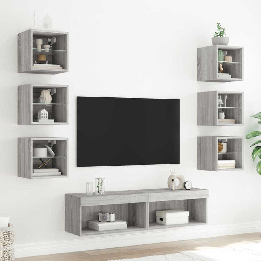 8-Delige Tv-Wandmeubelset Met Led Bewerkt Hout Grijs sonoma