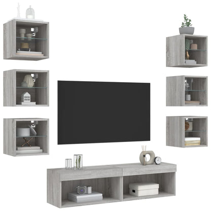 8-Delige Tv-Wandmeubelset Met Led Bewerkt Hout Grijs sonoma