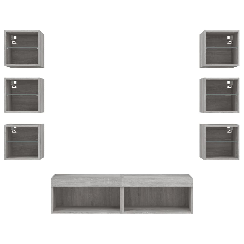 8-Delige Tv-Wandmeubelset Met Led Bewerkt Hout Grijs sonoma