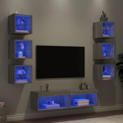 8-Delige Tv-Wandmeubelset Met Led Bewerkt Hout Grijs sonoma
