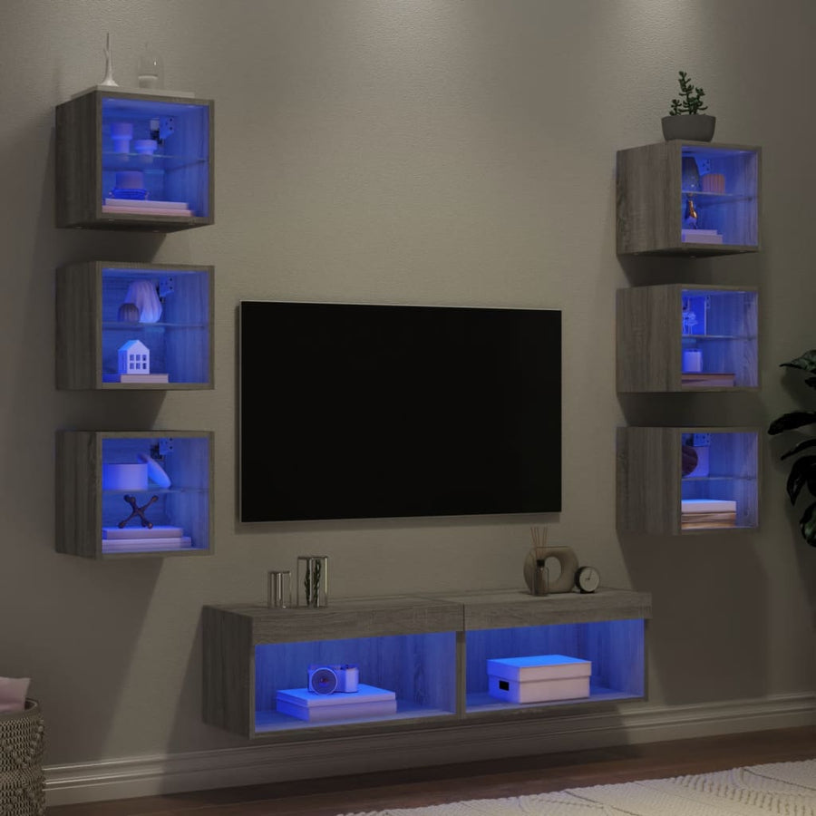 8-Delige Tv-Wandmeubelset Met Led Bewerkt Hout Grijs sonoma