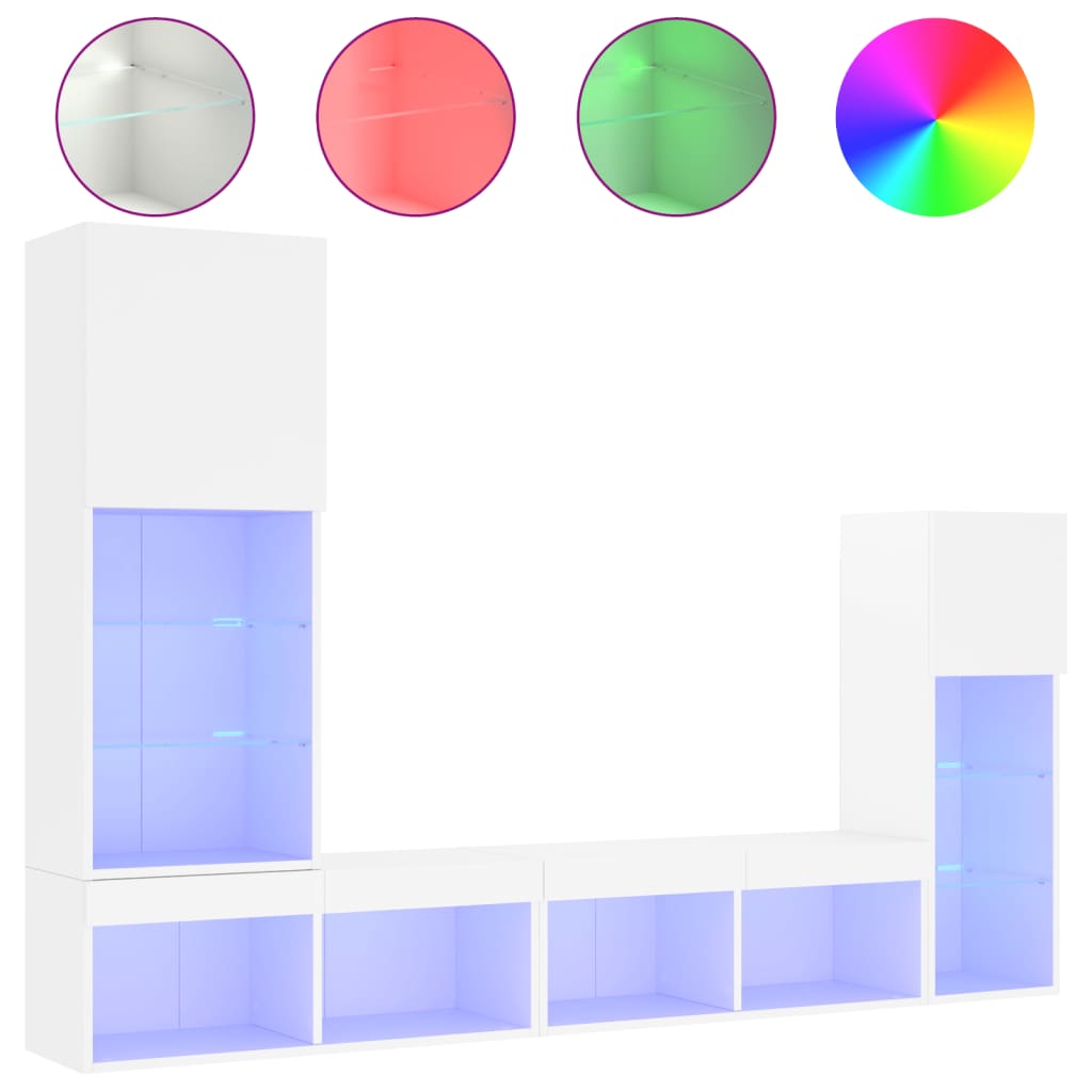 4-Delige Tv-Wandmeubelset Met Led-Verlichting Bewerkt Hout Wit