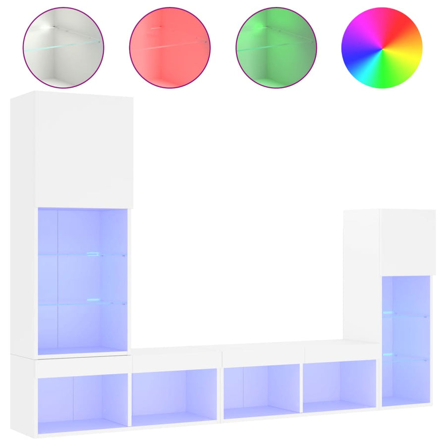 4-Delige Tv-Wandmeubelset Met Led-Verlichting Bewerkt Hout Wit