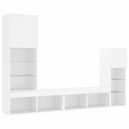 4-Delige Tv-Wandmeubelset Met Led-Verlichting Bewerkt Hout Wit