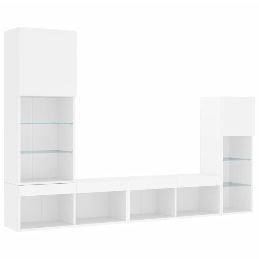 4-Delige Tv-Wandmeubelset Met Led-Verlichting Bewerkt Hout Wit