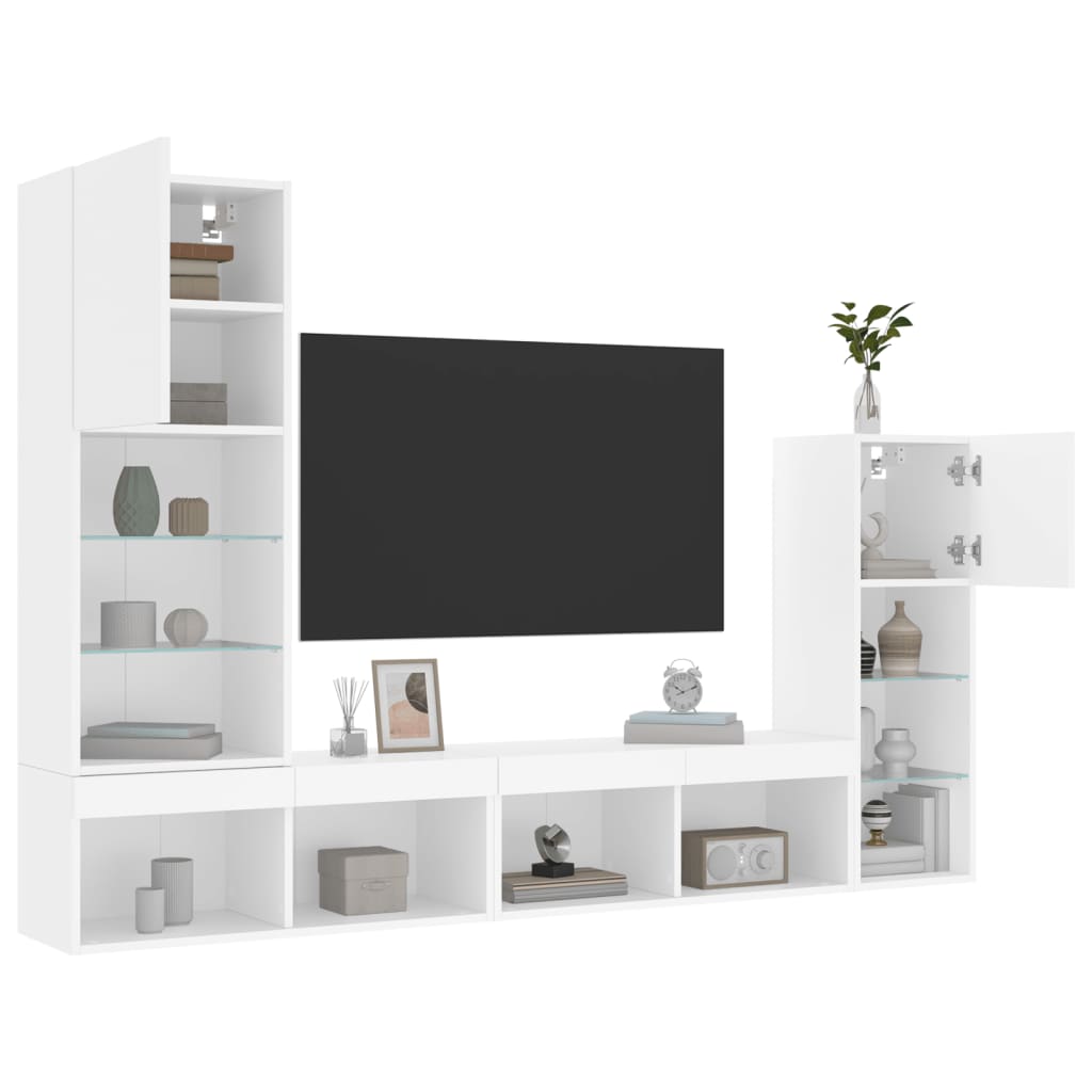 4-Delige Tv-Wandmeubelset Met Led-Verlichting Bewerkt Hout Wit
