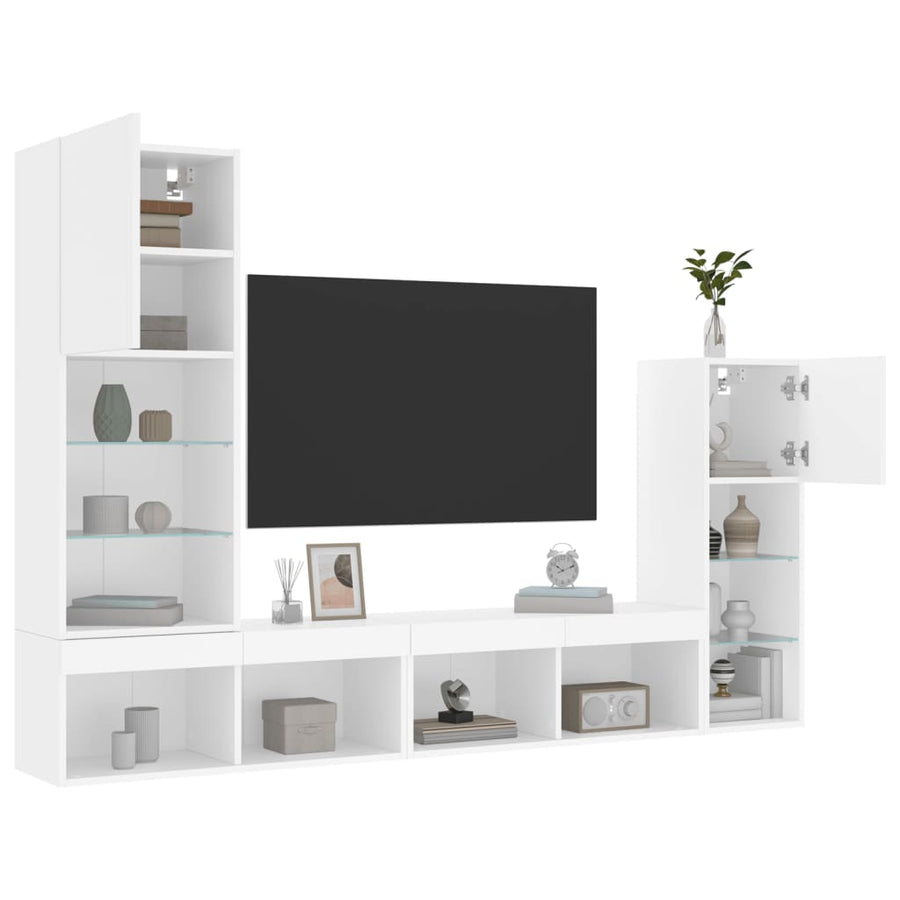 4-Delige Tv-Wandmeubelset Met Led-Verlichting Bewerkt Hout Wit