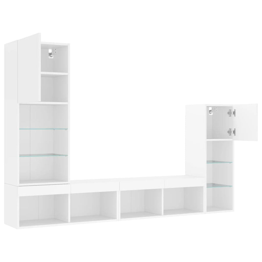 4-Delige Tv-Wandmeubelset Met Led-Verlichting Bewerkt Hout Wit