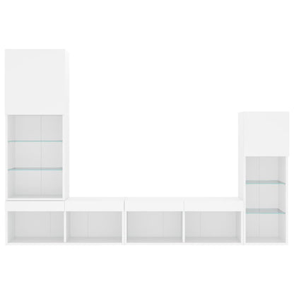 4-Delige Tv-Wandmeubelset Met Led-Verlichting Bewerkt Hout Wit