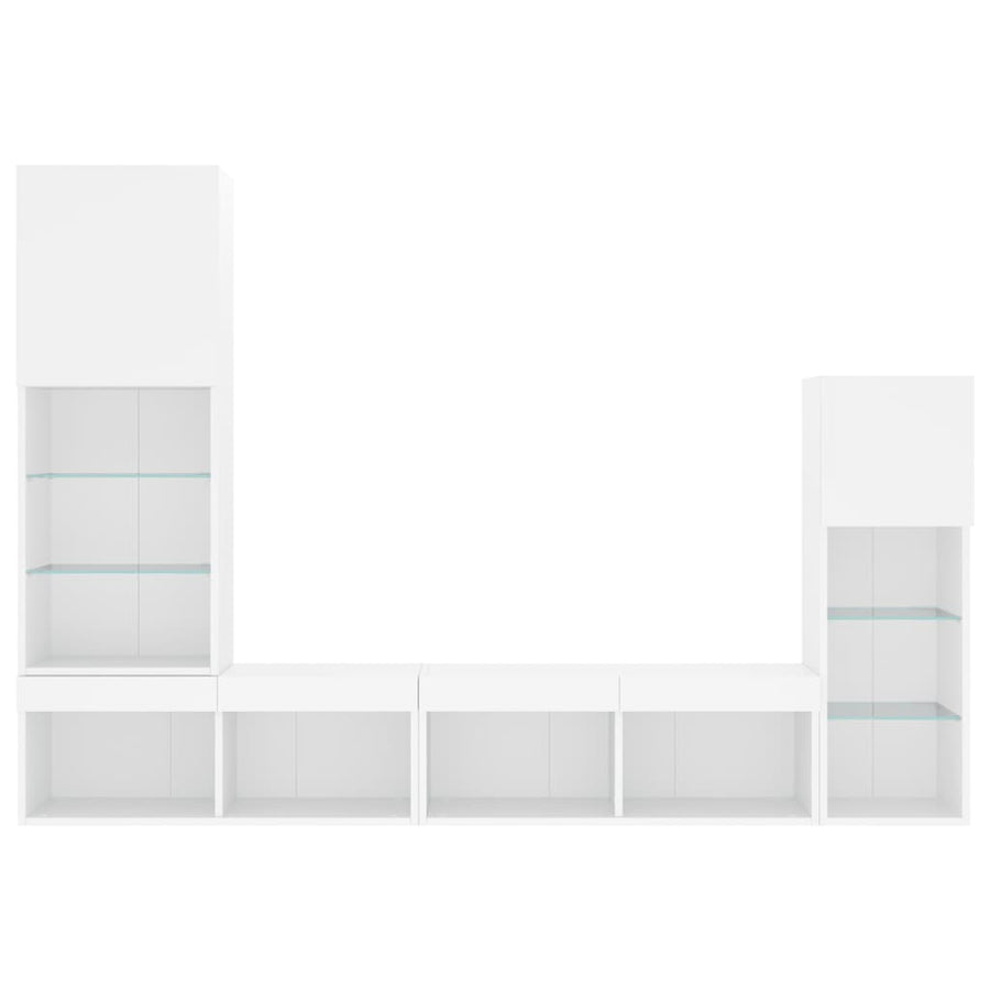 4-Delige Tv-Wandmeubelset Met Led-Verlichting Bewerkt Hout Wit