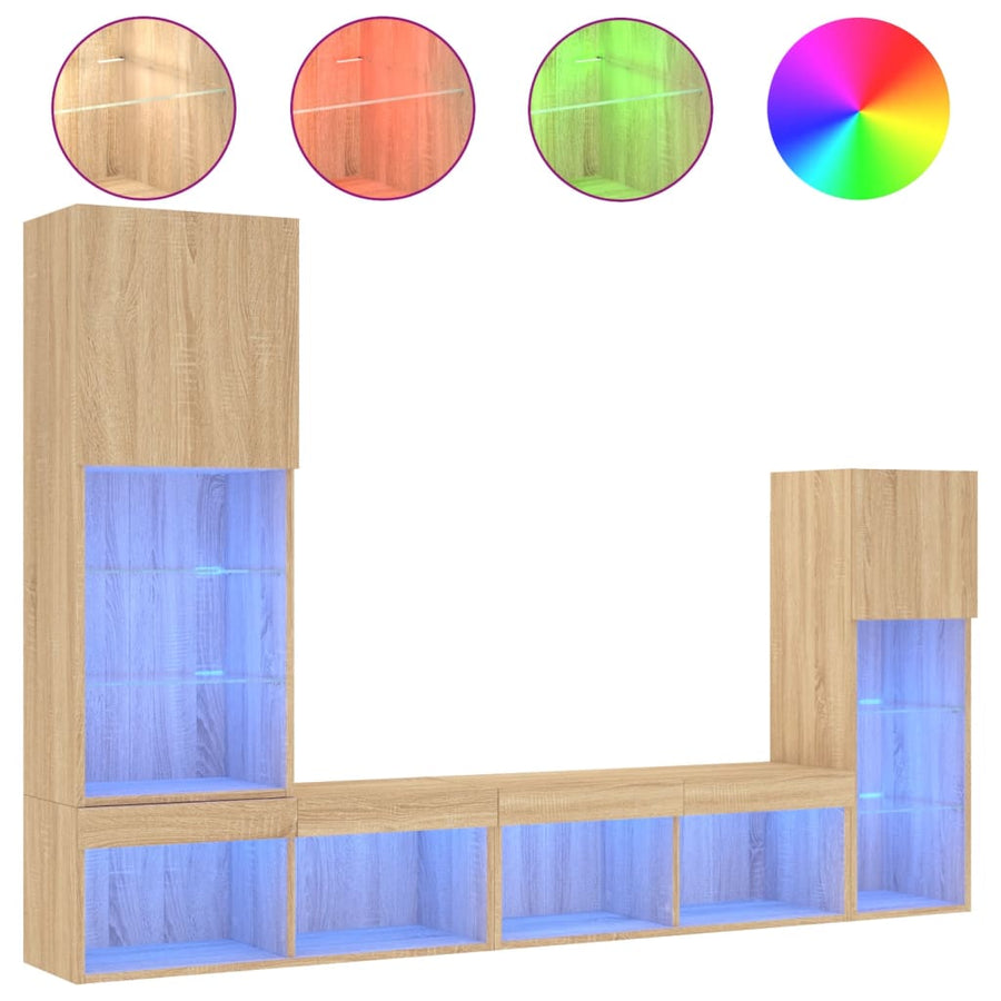 4-Delige Tv-Wandmeubelset Met Led Bewerkt Hout Sonoma eiken