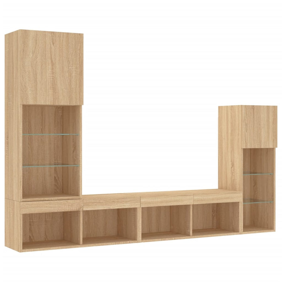 4-Delige Tv-Wandmeubelset Met Led Bewerkt Hout Sonoma eiken