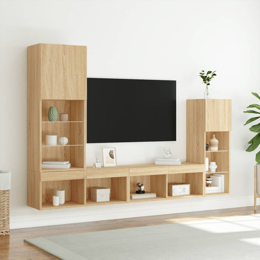 4-Delige Tv-Wandmeubelset Met Led Bewerkt Hout Sonoma eiken