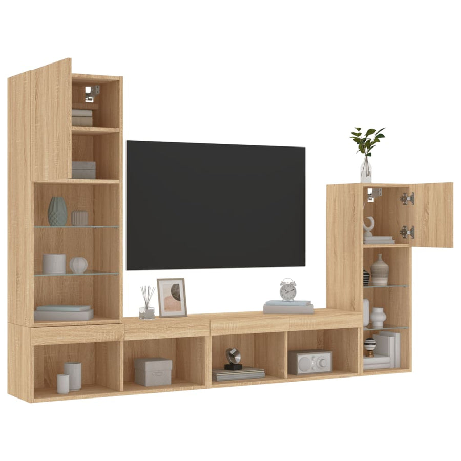 4-Delige Tv-Wandmeubelset Met Led Bewerkt Hout Sonoma eiken