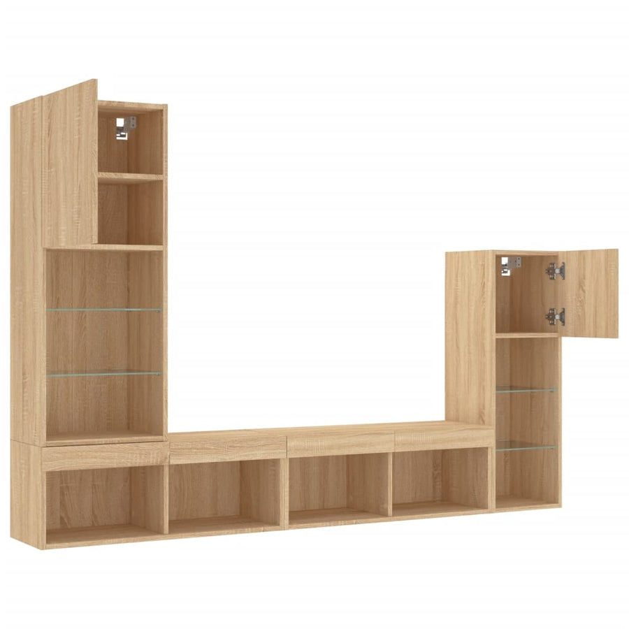 4-Delige Tv-Wandmeubelset Met Led Bewerkt Hout Sonoma eiken