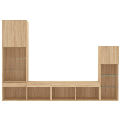 4-Delige Tv-Wandmeubelset Met Led Bewerkt Hout Sonoma eiken