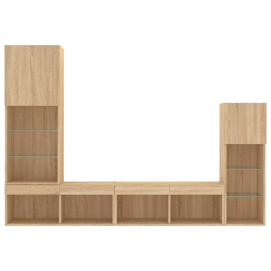 4-Delige Tv-Wandmeubelset Met Led Bewerkt Hout Sonoma eiken