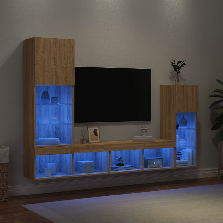 4-Delige Tv-Wandmeubelset Met Led Bewerkt Hout Sonoma eiken