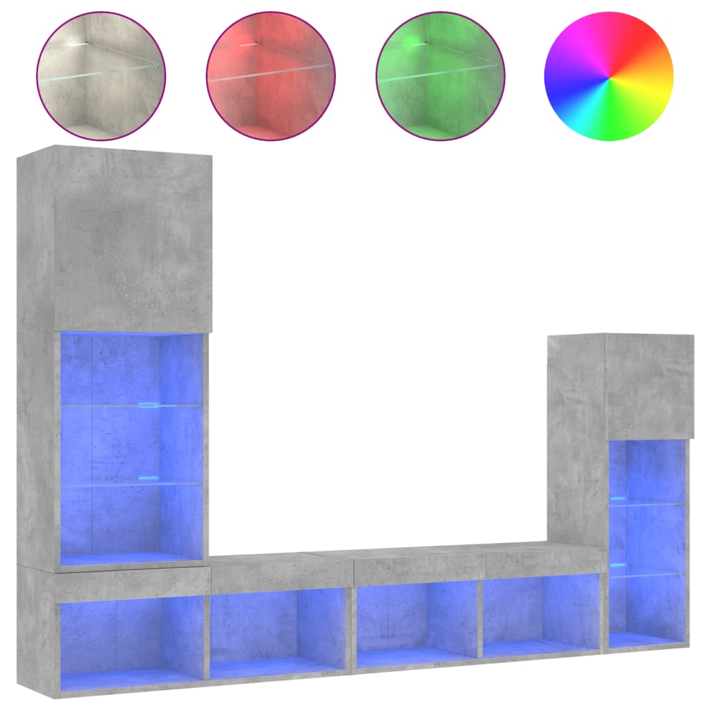 4-delige Tv-wandmeubelset met LED bewerkt hout betongrijs