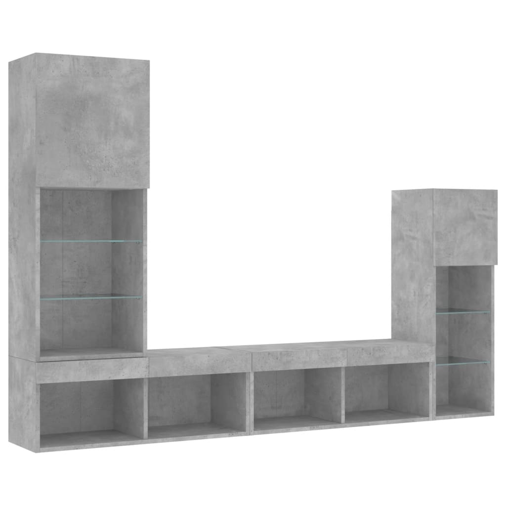 4-delige Tv-wandmeubelset met LED bewerkt hout betongrijs