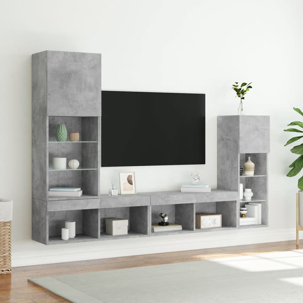 4-delige Tv-wandmeubelset met LED bewerkt hout betongrijs
