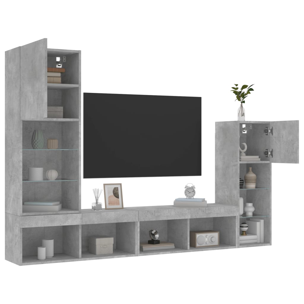 4-delige Tv-wandmeubelset met LED bewerkt hout betongrijs