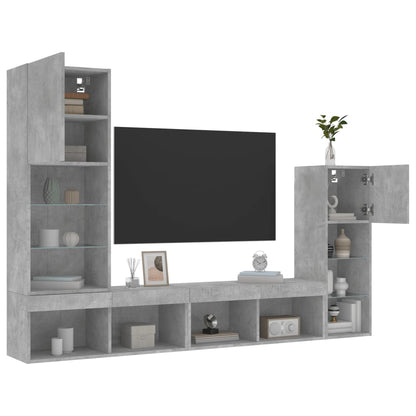 4-delige Tv-wandmeubelset met LED bewerkt hout betongrijs