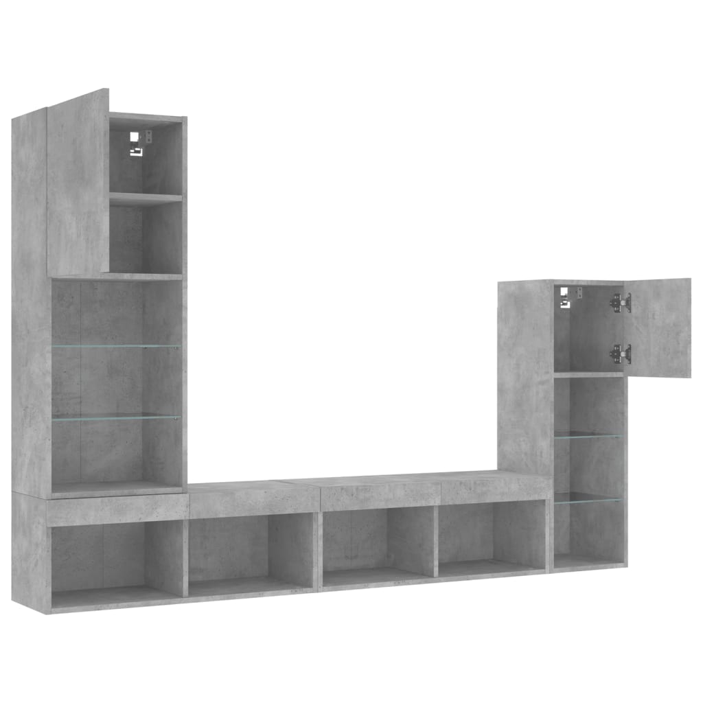 4-delige Tv-wandmeubelset met LED bewerkt hout betongrijs