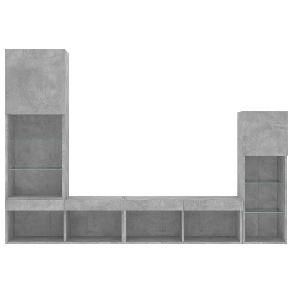 4-delige Tv-wandmeubelset met LED bewerkt hout betongrijs