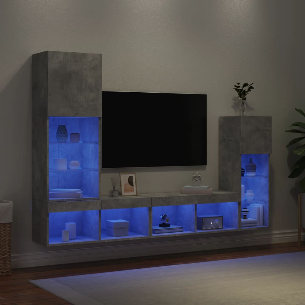 4-delige Tv-wandmeubelset met LED bewerkt hout betongrijs