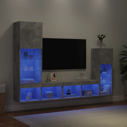 4-delige Tv-wandmeubelset met LED bewerkt hout betongrijs