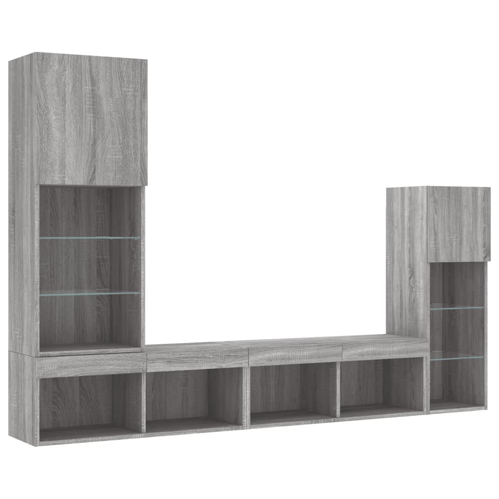 4-delige Tv-wandmeubelset met LED bewerkt hout grijs sonoma