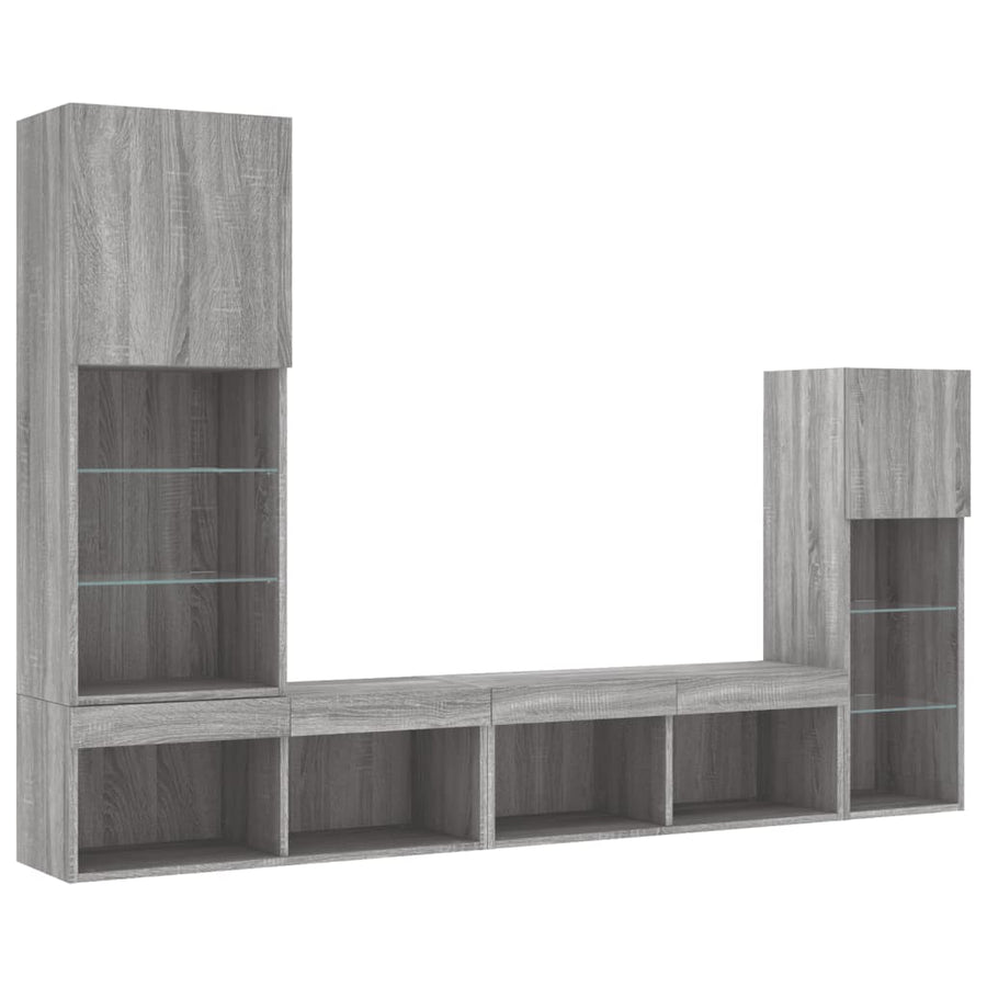 4-delige Tv-wandmeubelset met LED bewerkt hout grijs sonoma