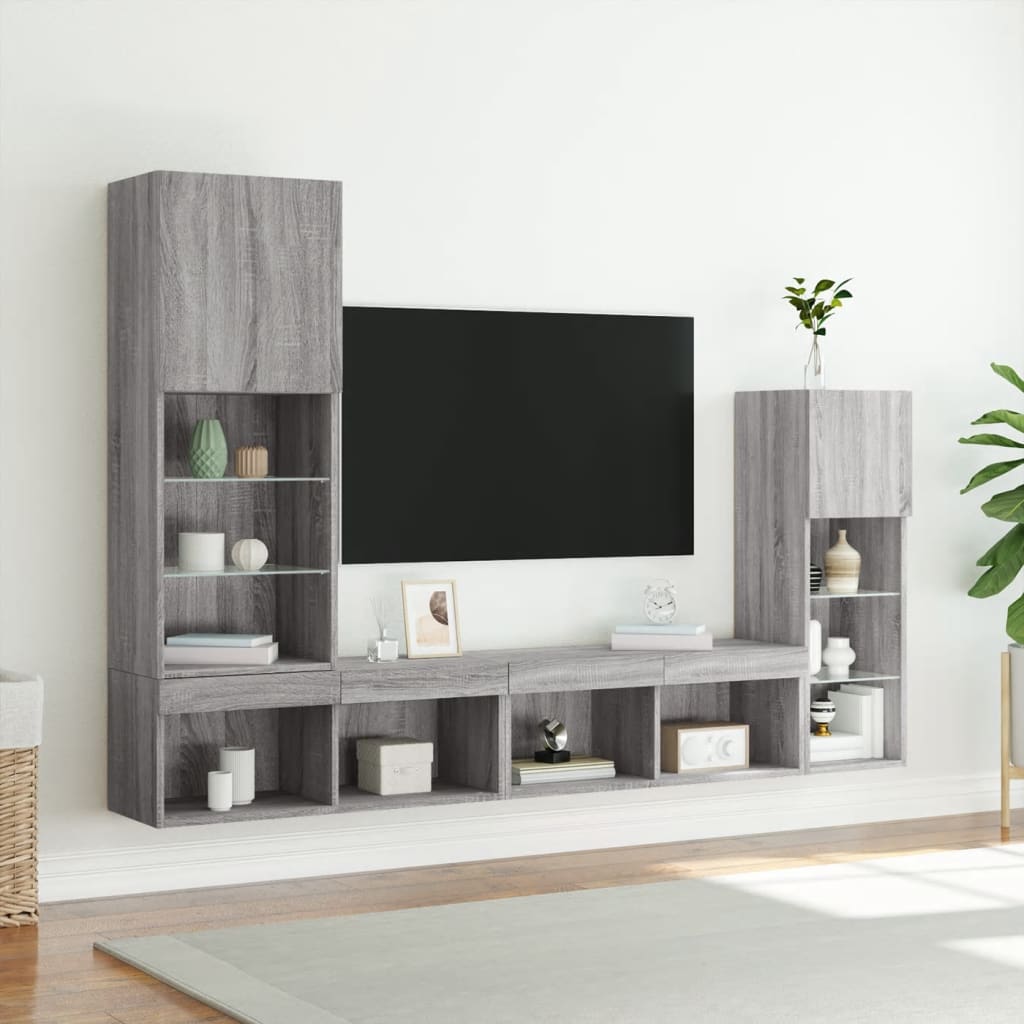 4-delige Tv-wandmeubelset met LED bewerkt hout grijs sonoma