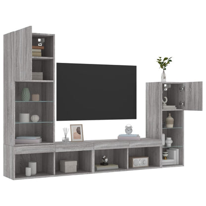 4-delige Tv-wandmeubelset met LED bewerkt hout grijs sonoma