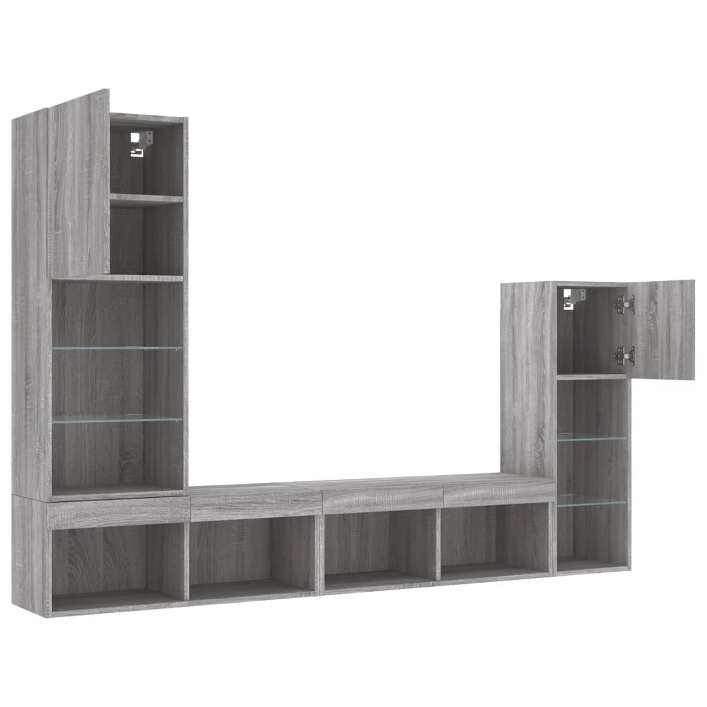 4-delige Tv-wandmeubelset met LED bewerkt hout grijs sonoma