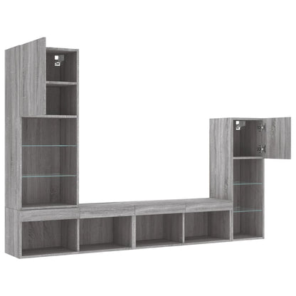 4-delige Tv-wandmeubelset met LED bewerkt hout grijs sonoma