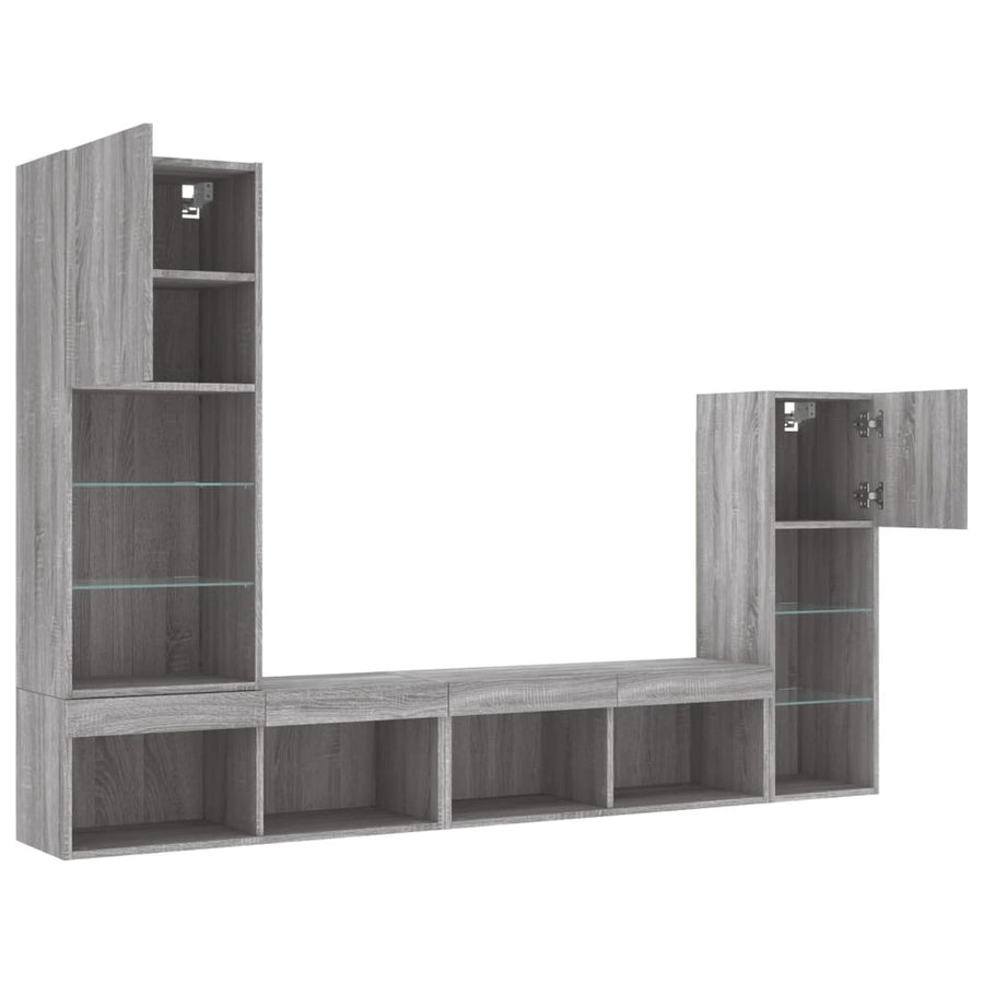 4-delige Tv-wandmeubelset met LED bewerkt hout grijs sonoma