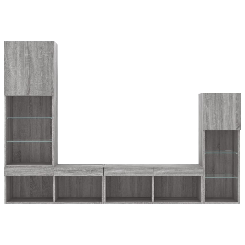 4-delige Tv-wandmeubelset met LED bewerkt hout grijs sonoma