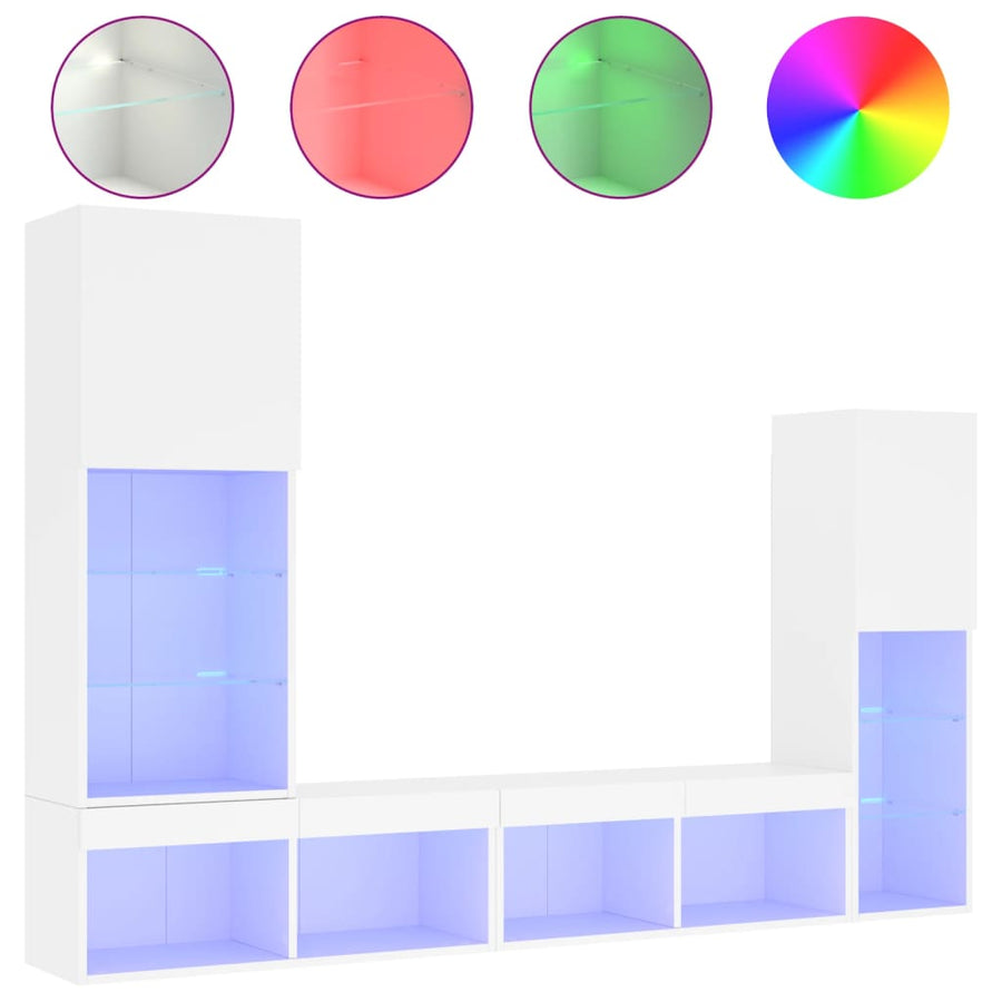 4-Delige Tv-Wandmeubelset Met Led-Verlichting Bewerkt Hout Wit