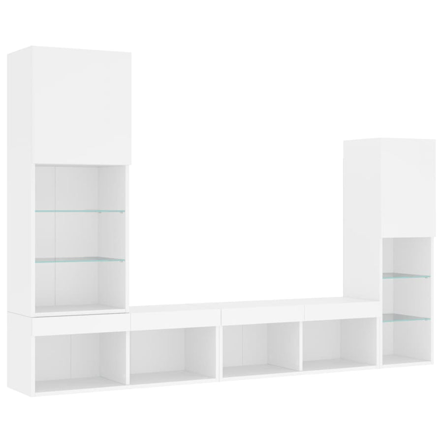 4-Delige Tv-Wandmeubelset Met Led-Verlichting Bewerkt Hout Wit